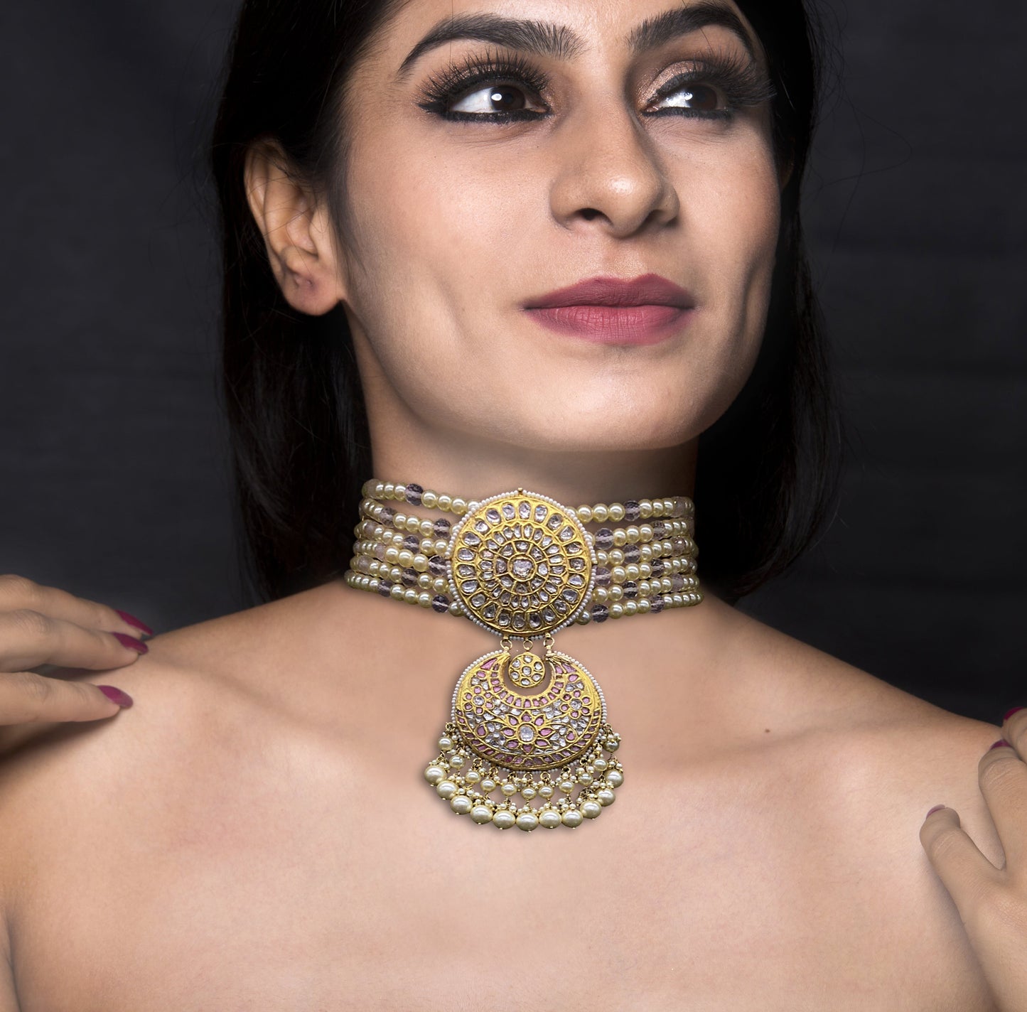 23k Gold and Diamond Polki Choker Necklace Set strung in lustrous Pearls and Rose Quartz beads