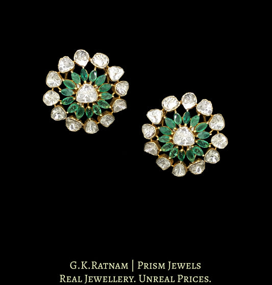 14k Gold and Diamond Polki Open Setting Karanphool Earring Pair with Natural Emerald Marquises - G. K. Ratnam