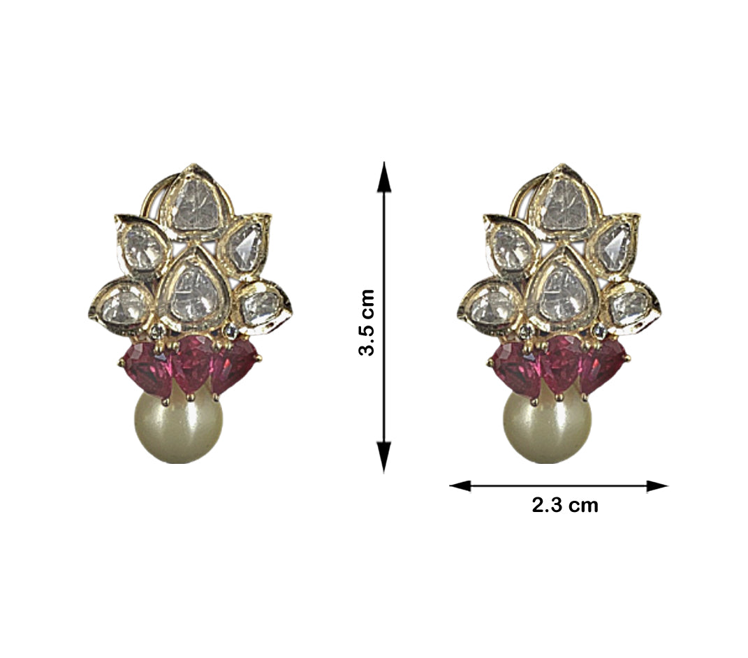 18k Gold and Diamond Polki Open Setting floral Tops / Studs Earring Pair with Rubies and Pearls