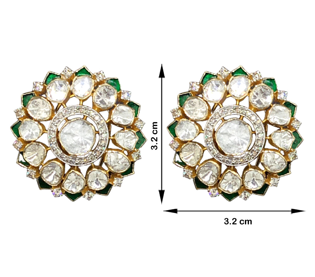 14k Gold and Diamond Polki Open Setting Karanphool Earring Pair with emerald-grade green stones