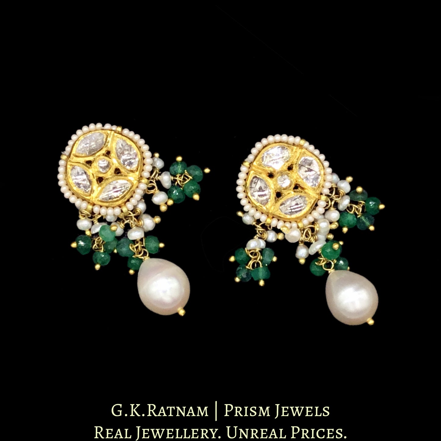 18k Gold and Diamond Polki Choker Necklace Set strung with emerald-grade green beryls - G. K. Ratnam