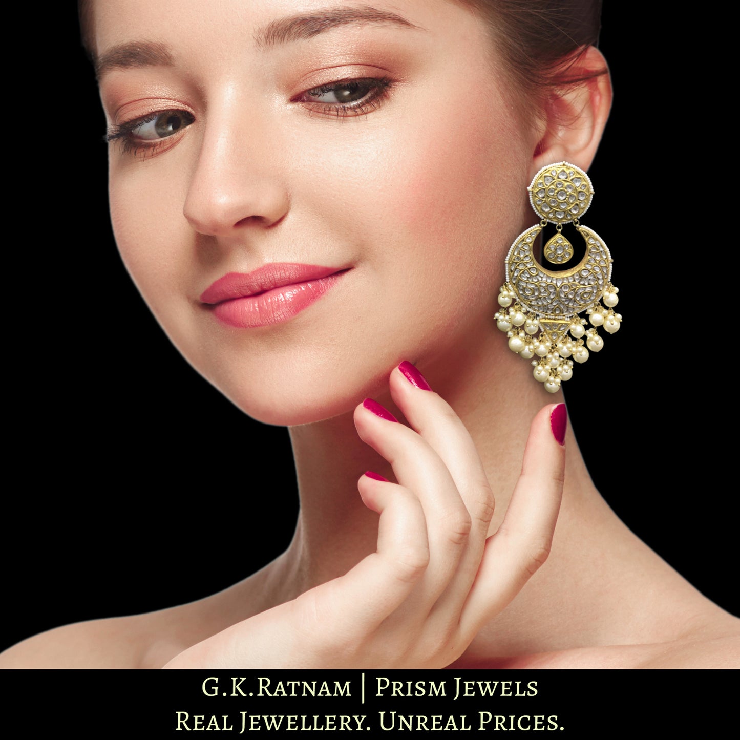 23k Gold and Diamond Polki Chand Bali Earring Pair with triangle hangings