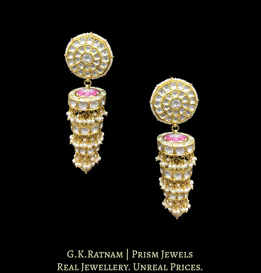 18k Gold and Diamond Polki Chandelier Earring Pair with disc-shaped rings