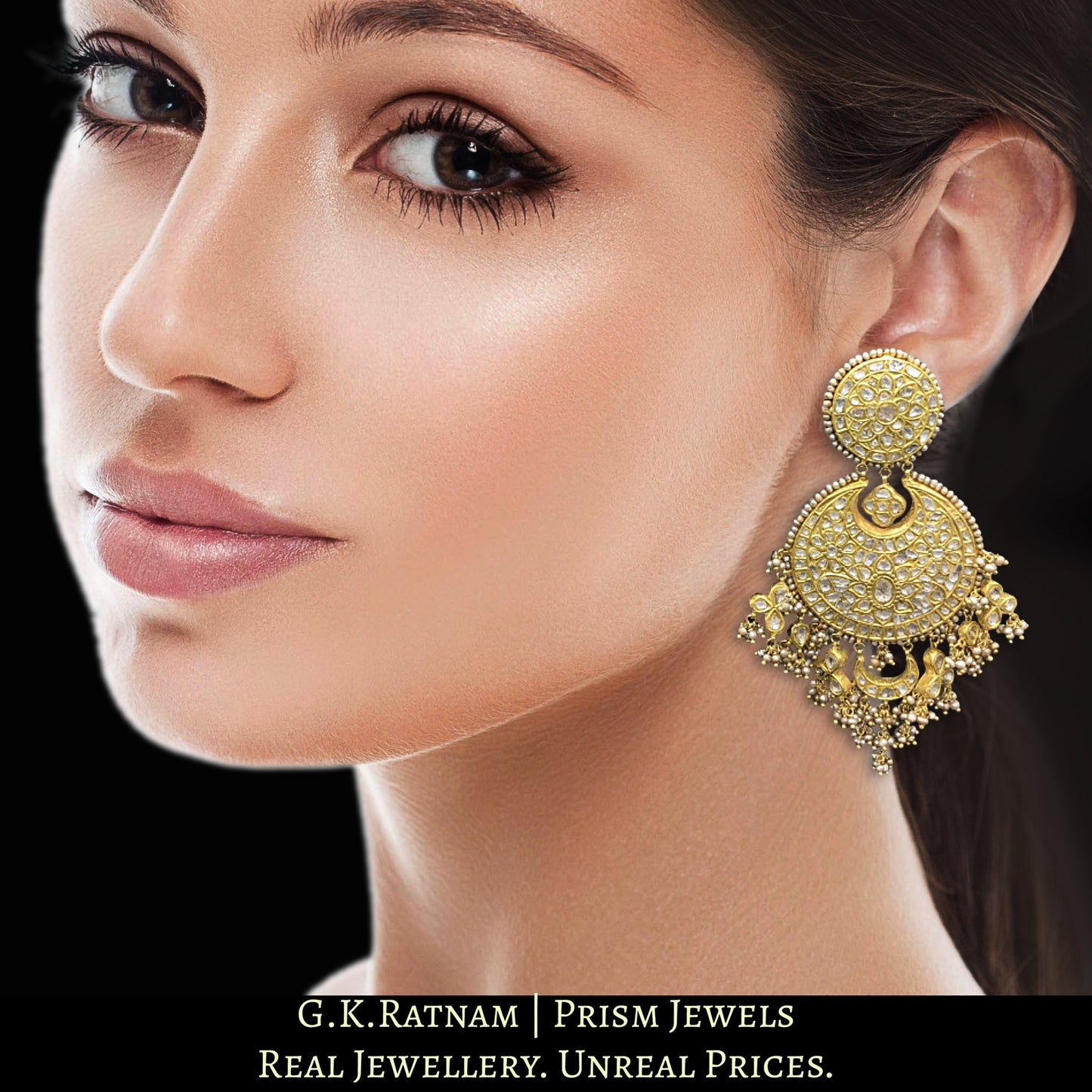 23k Gold and Diamond Polki Chand Bali Earring Pair with Antiqued Freshwater Pearls