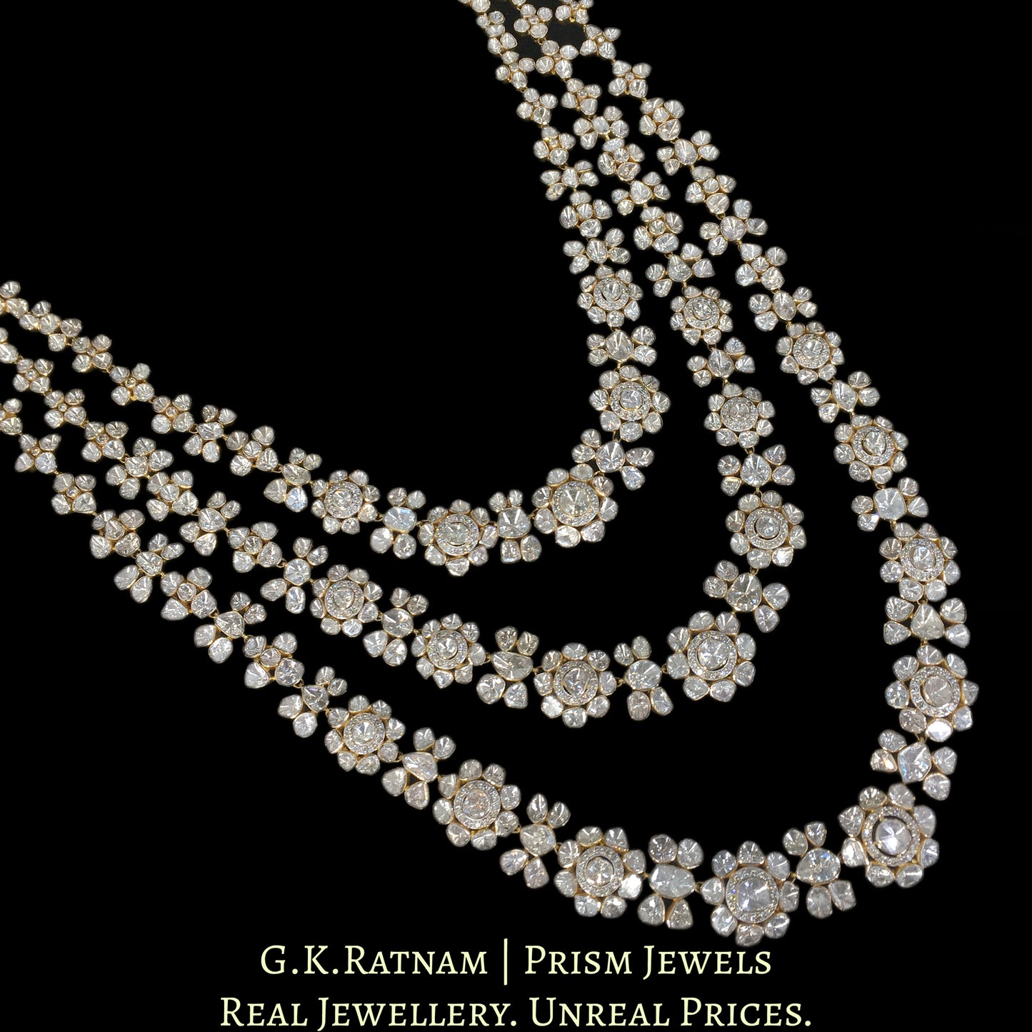 18k Gold and Diamond Polki Open Setting three-line Necklace