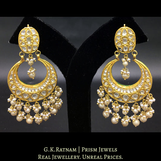 23k Gold and Diamond Polki Chand Bali Earring Pair with basra-grade natural freshwater pearls - G. K. Ratnam