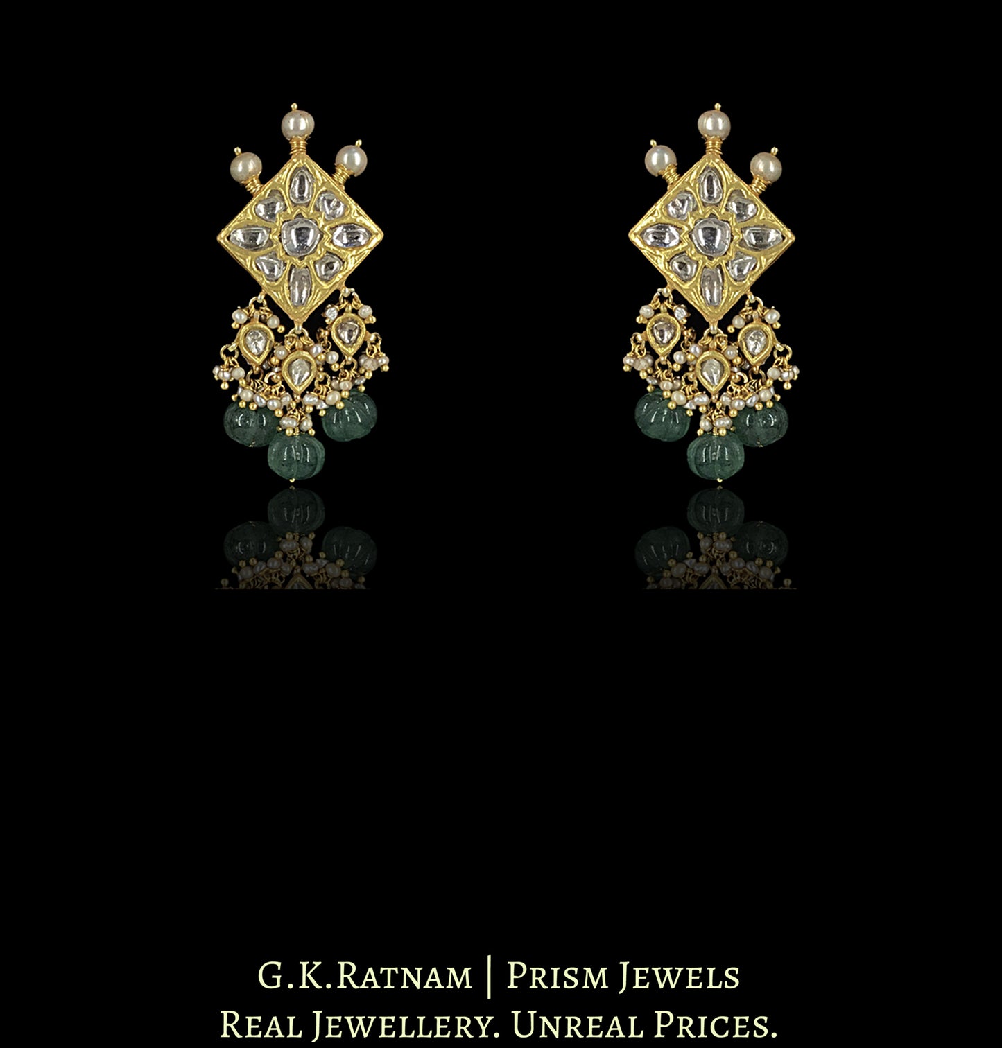 23k Gold and Diamond Polki Square Choker Necklace Set with Antiqued Hyderabadi Pearl Spikes