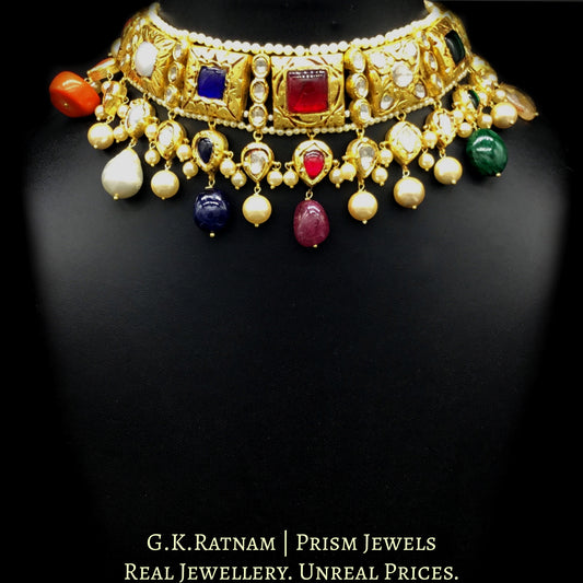 18k Gold and Diamond Polki Antique Navratna Choker Necklace Set - G. K. Ratnam