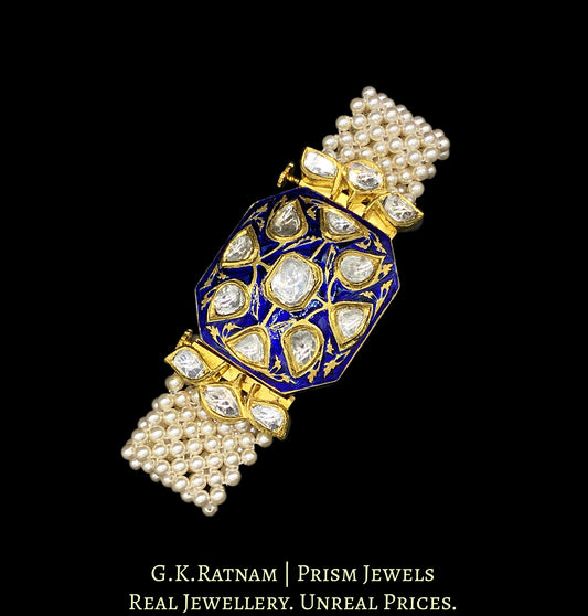 18k Gold and Diamond Polki Bracelet with Blue Meenakari and mat-like pearl stringing
