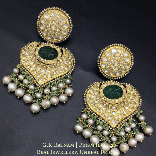 23k Gold and Diamond Polki two-step Earring Pair with Green Beryls and antique Pearls - G. K. Ratnam