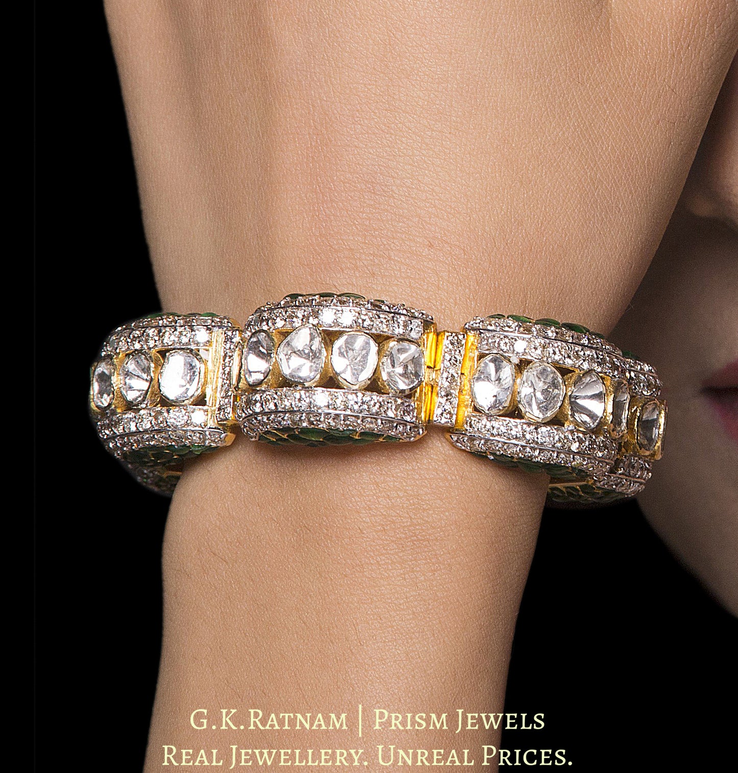 14k Gold and Diamond Polki Open Setting Bangle with Green Beryls