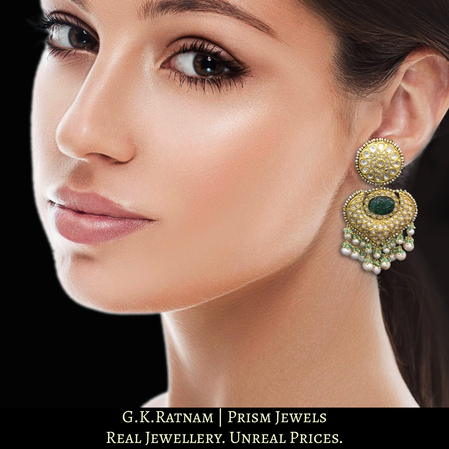 23k Gold and Diamond Polki two-step Earring Pair with Green Beryls and antique Pearls - G. K. Ratnam