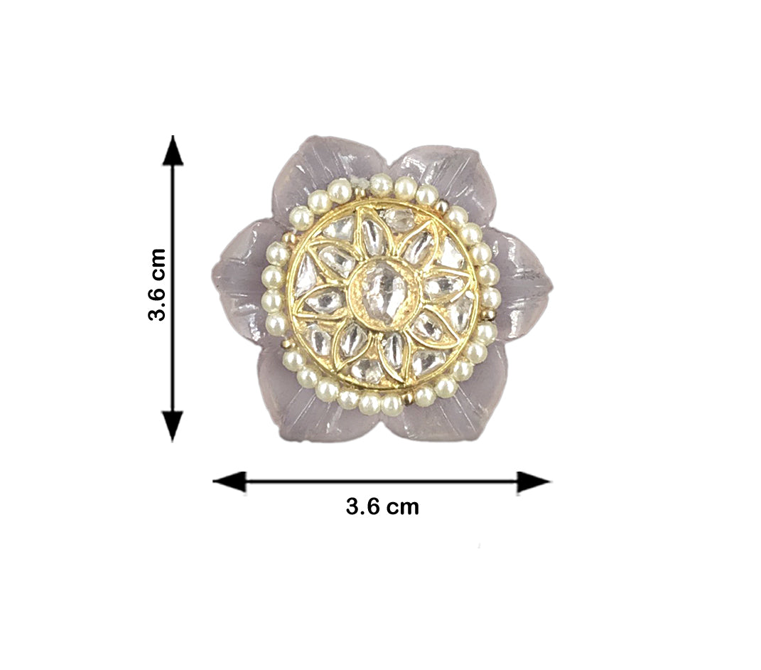 23k Gold and Diamond Polki Ring With Floral Rose Quartz Carving