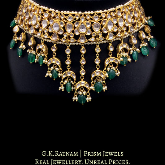 18k Gold and Diamond Polki Choker Necklace Set with cascading uncut pears and lustrous green beryls