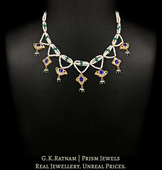 23K Gold and Diamond Polki Necklace Set with bird motifs strung in Natural Freshwater Pearls & Beryls