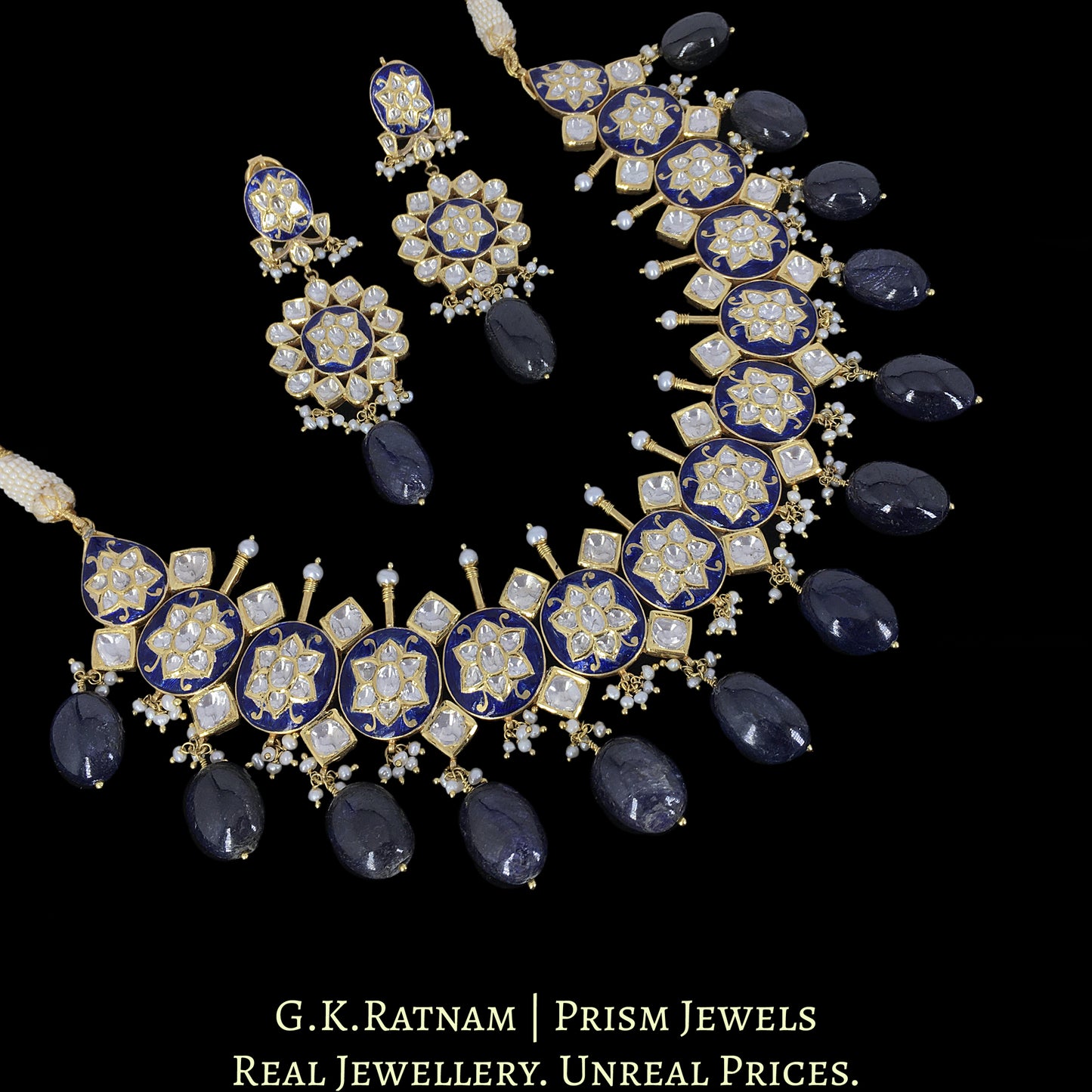 18k Gold and Diamond Polki Necklace Set with intricate Blue Pottery - G. K. Ratnam