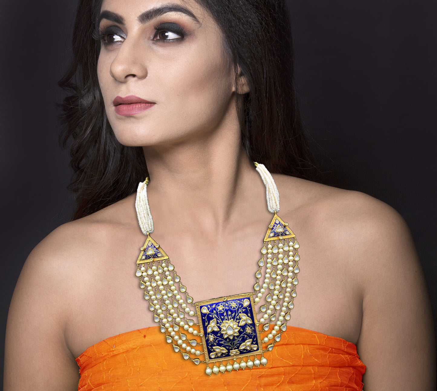 18k Gold and Diamond Polki square Pendant Set with soothing royal blue meenakari and uncut tukdis linked together - G. K. Ratnam