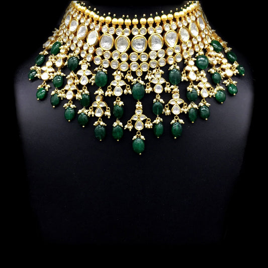 18k Gold and Diamond Polki Choker Necklace Set with cascading uncut drops and emerald-grade green beryls