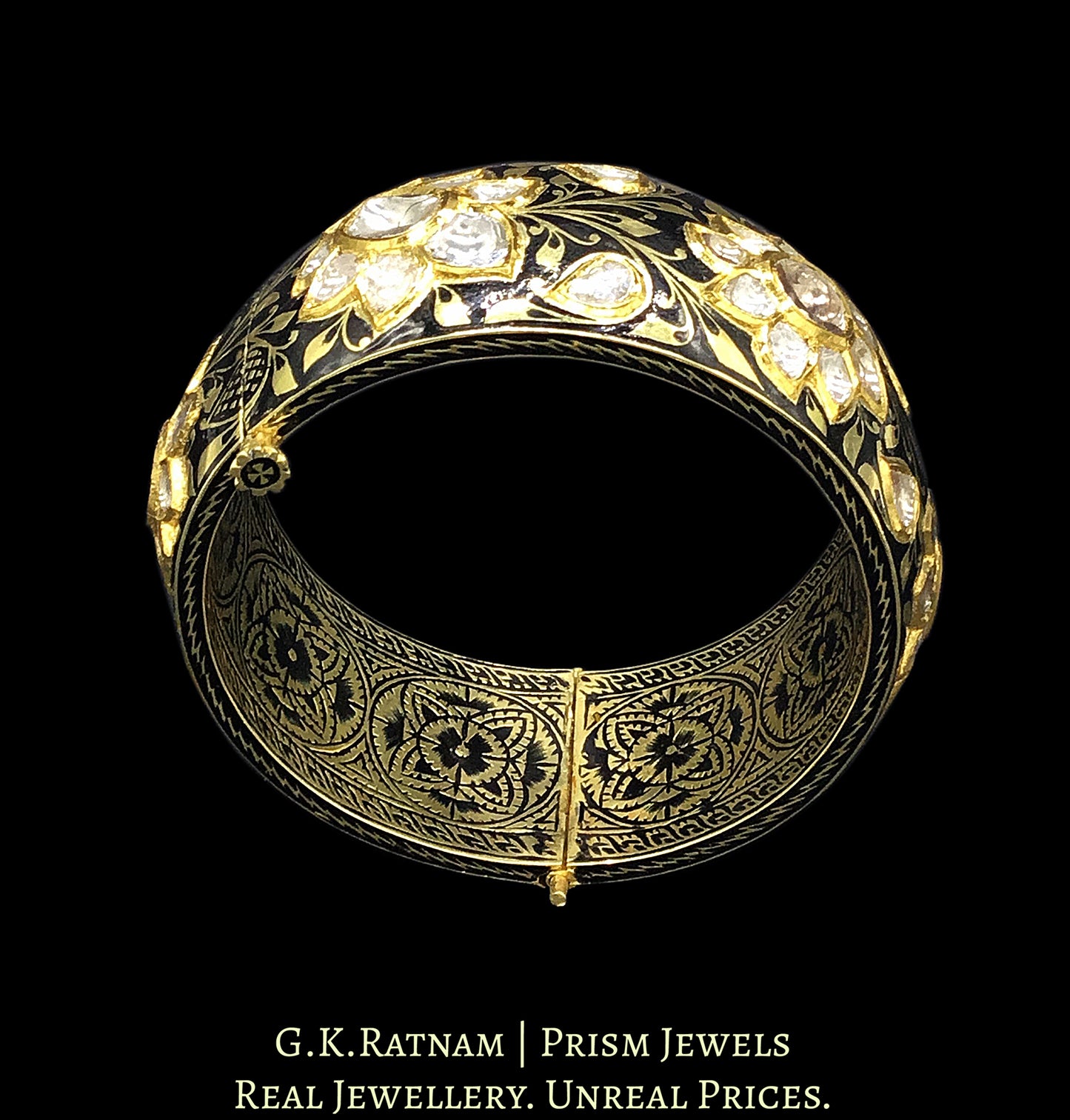 22k Gold and Diamond Polki Bangle with Black Enamel