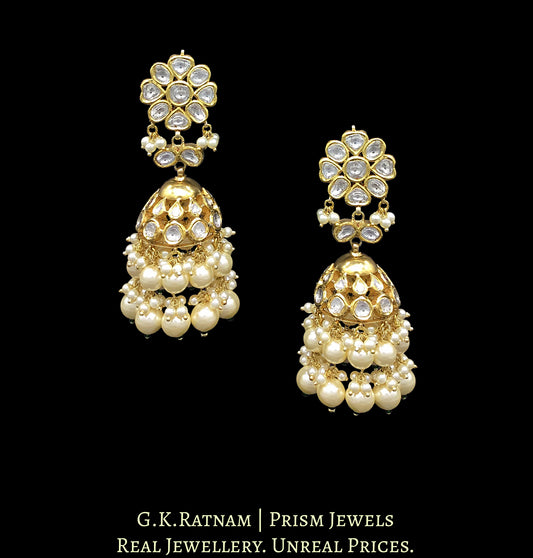 Traditional Gold and Diamond Polki Jhumki Earring Pair with triple-coated shell pearls - G. K. Ratnam
