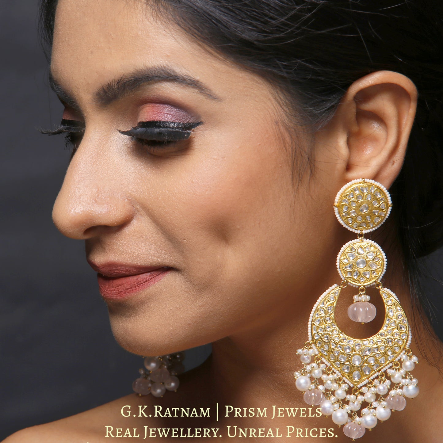 23k Gold and Diamond Polki Long Chand Bali Earring Pair with Rose Quartz Beads and Hyderabadi Pearls