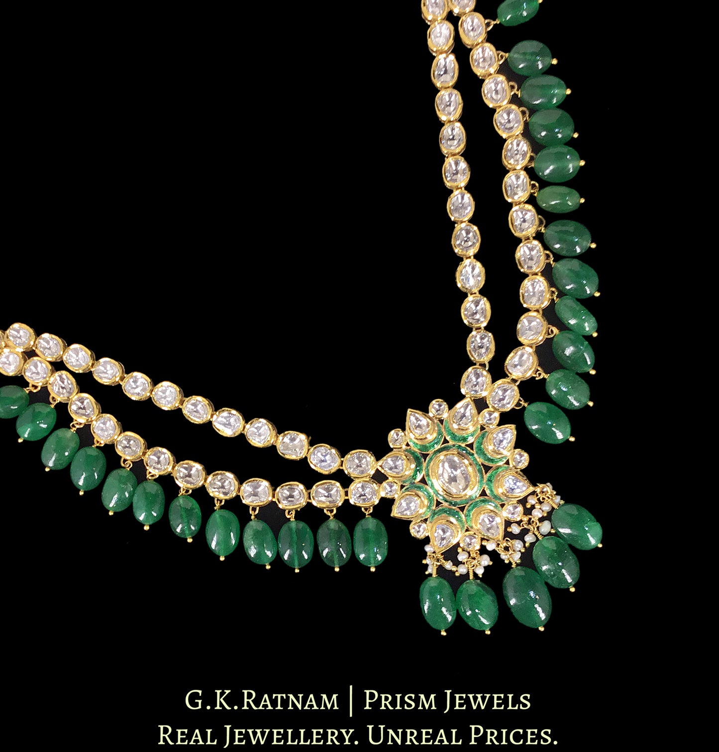 18k Gold And Diamond Polki Necklace with emerald-grade Green Beryls