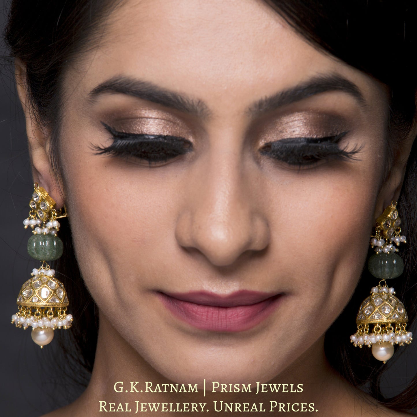 23k Gold and Diamond Polki Jhumki Earring Pair with Aventurine Quartz melons and natural hyderabadi pearls - G. K. Ratnam