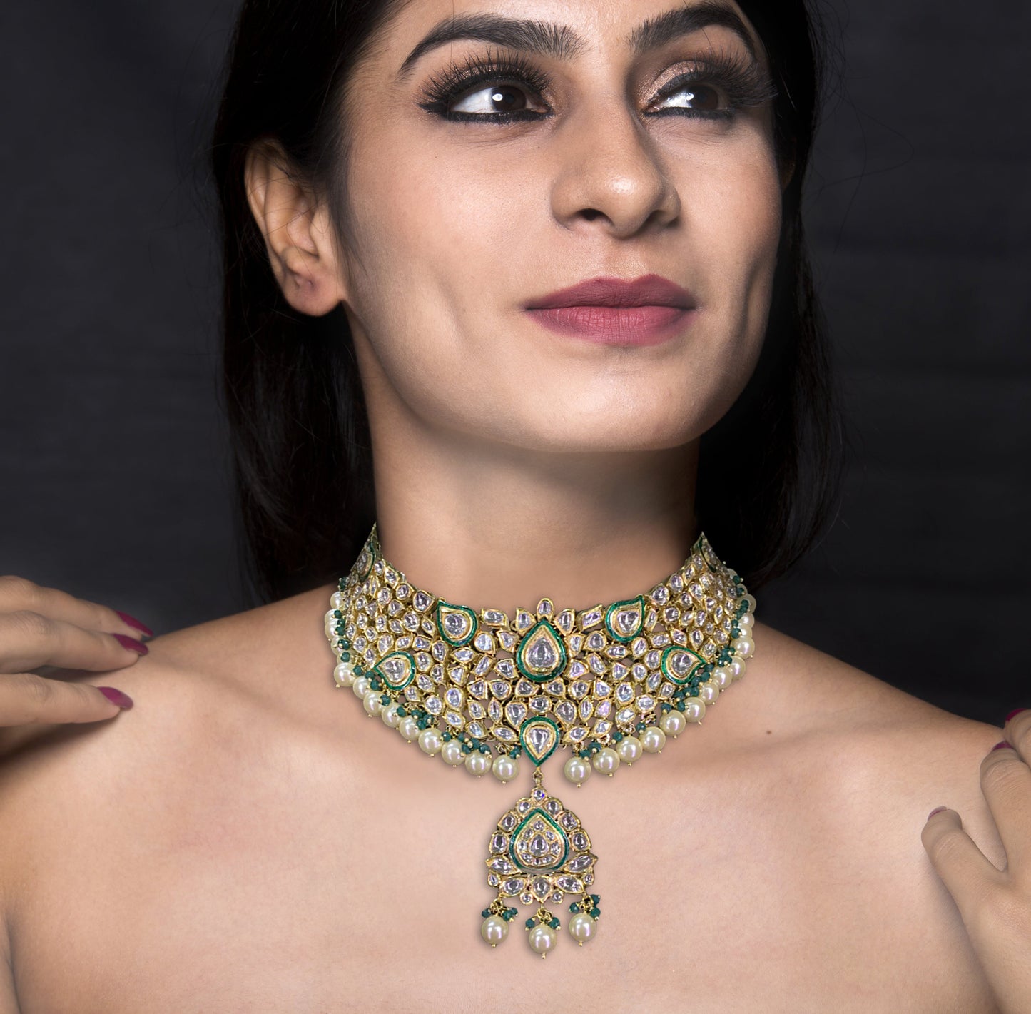 18k Gold and Diamond Polki green enamel Necklace Set with shiny pearls and a hint of green