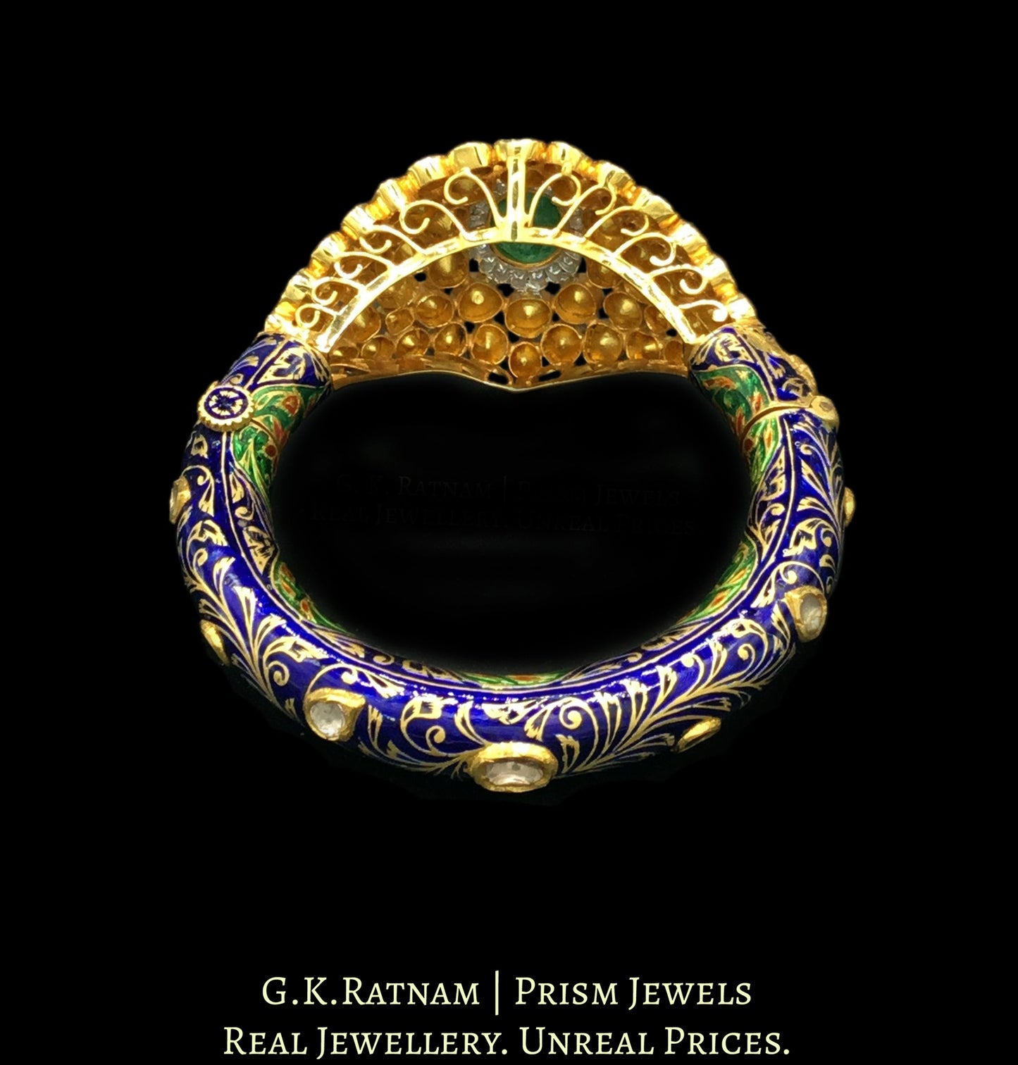 18k Gold and Diamond Polki Fusion Bangle with open setting head and intricately enamelled base - G. K. Ratnam