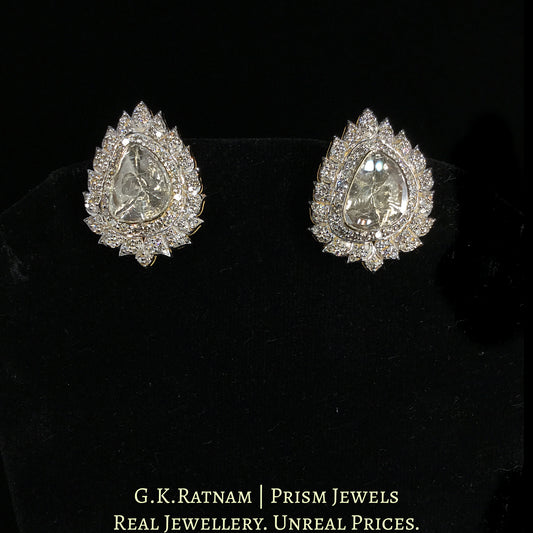 18k Gold and Diamond Polki Open Setting Tops / Studs Earring Pair with leafy diamond rim around large uncut diamonds