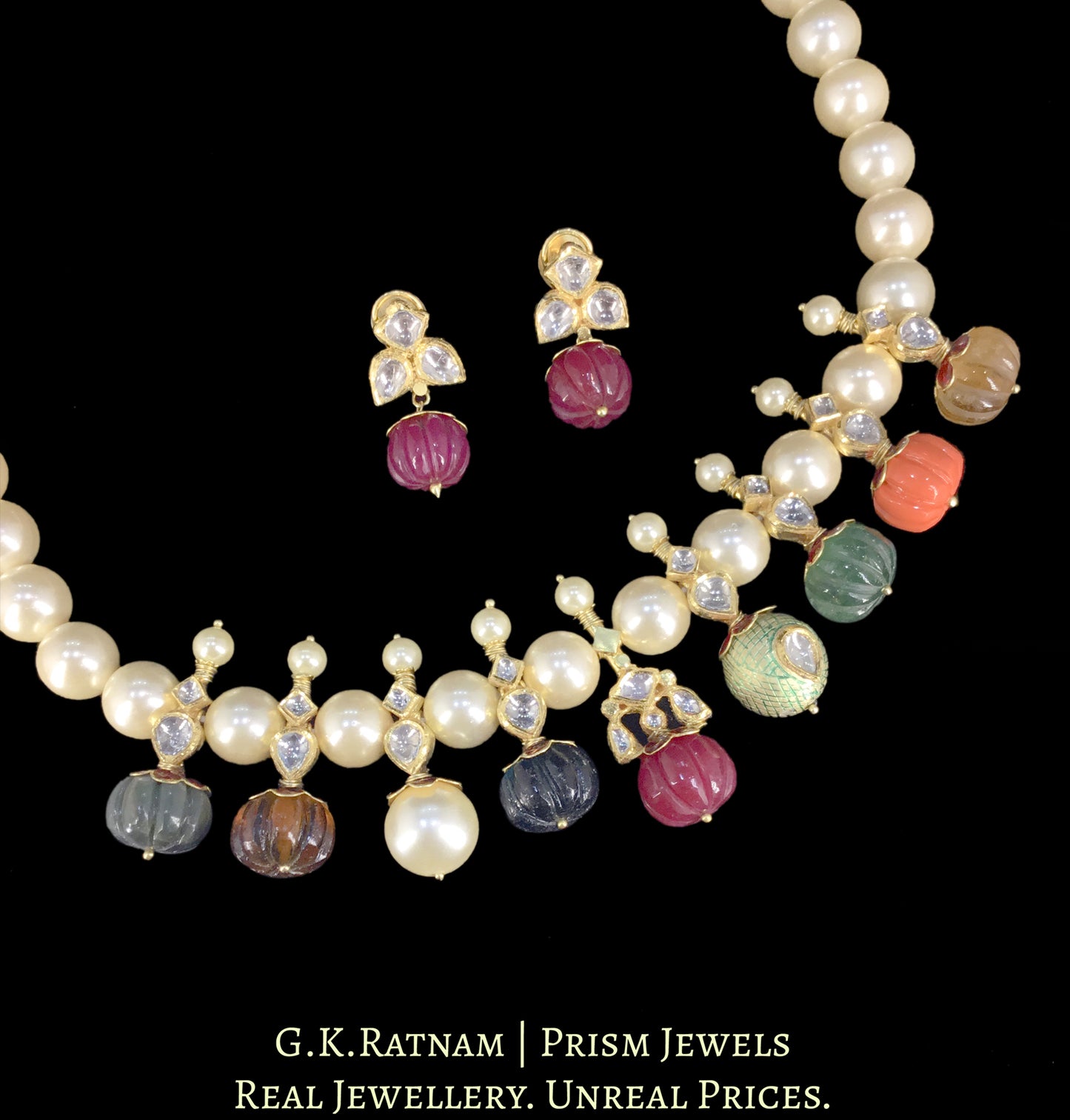 18k Gold and Diamond Polki Necklace Set With Navratna Melons And Pearls - G. K. Ratnam