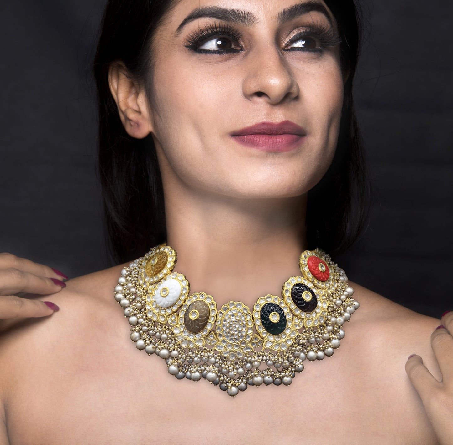 23k Gold and Diamond Polki Navratna Necklace Set with Antiqued Freshwater Pearls