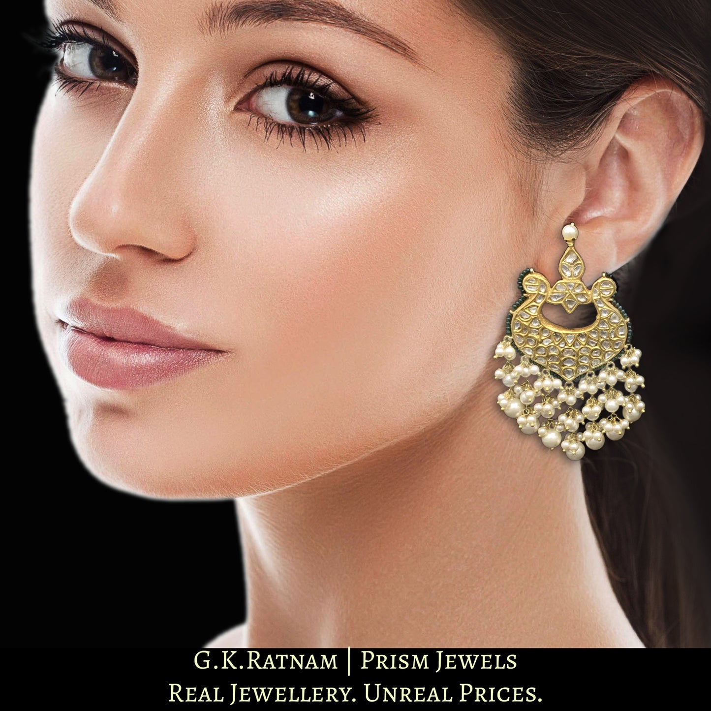 23k Gold and Diamond Polki Chand Bali Earring Pair with pearls strung in chandelier style