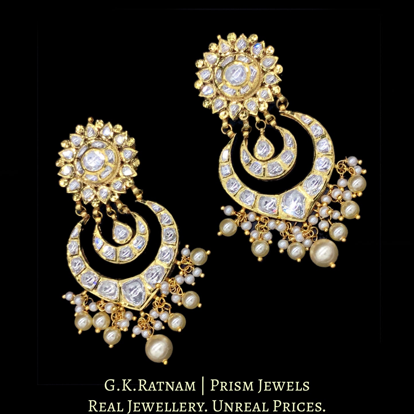 18k Gold and Diamond Polki Choker Necklace Set with multiple chands and green enamelled uncut tikdas - G. K. Ratnam