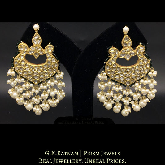 23k Gold and Diamond Polki Chand Bali Earring Pair with pearls strung in chandelier style