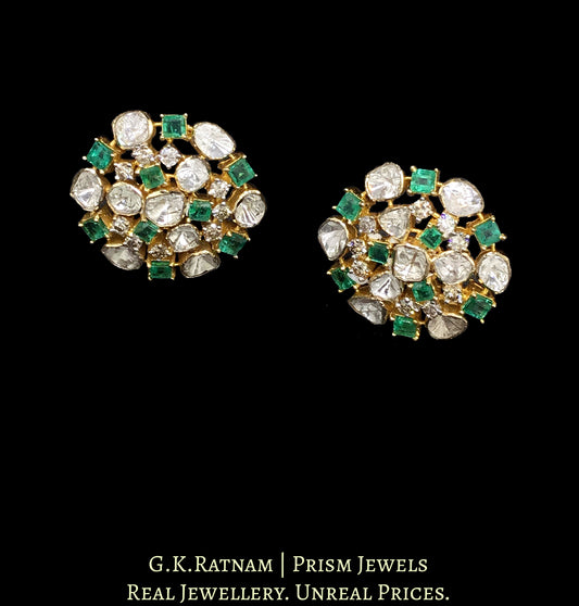 14k Gold and Diamond Polki Open Setting Karanphool Earring Pair with Natural Emerald Chawkis (squares)