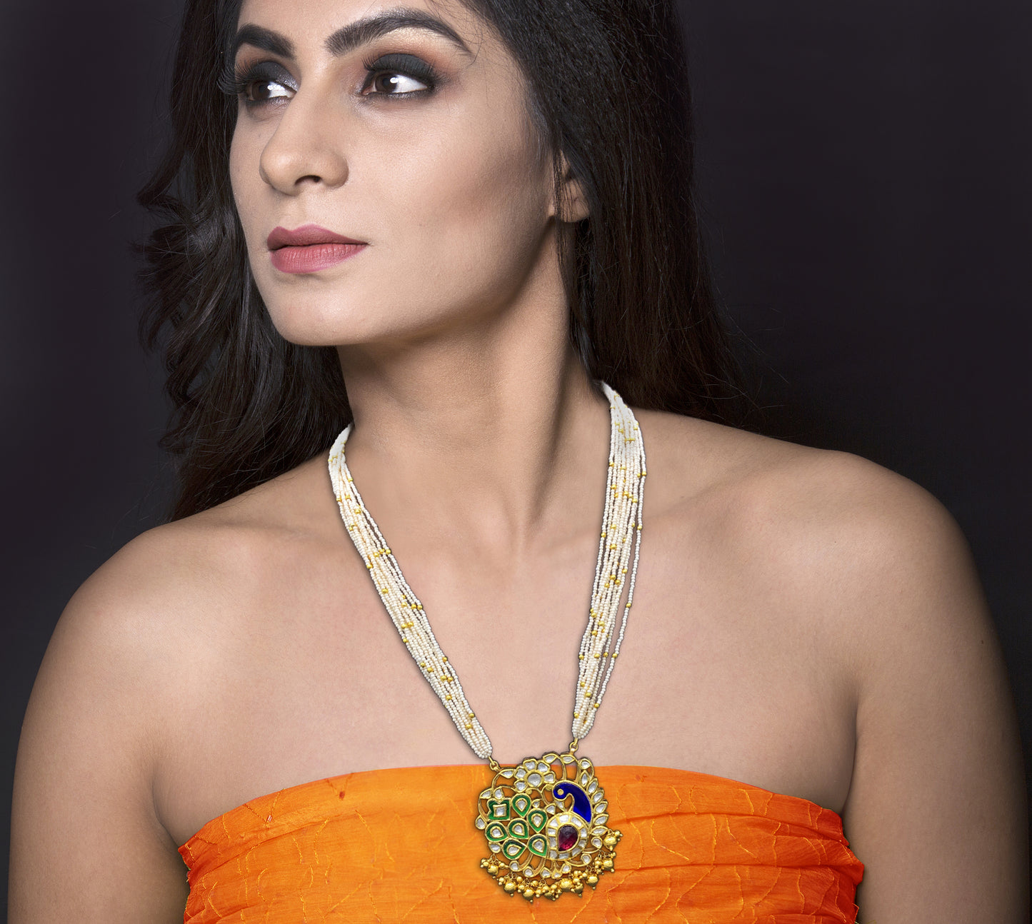 18k Gold and Diamond Polki Peacock Pendant Set with chid pearl bunch - G. K. Ratnam