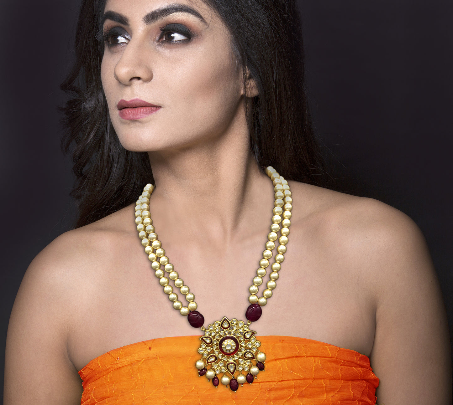 Traditional Gold and Diamond Polki star-shaped Pendant Set with double strands of shiny pearls - G. K. Ratnam