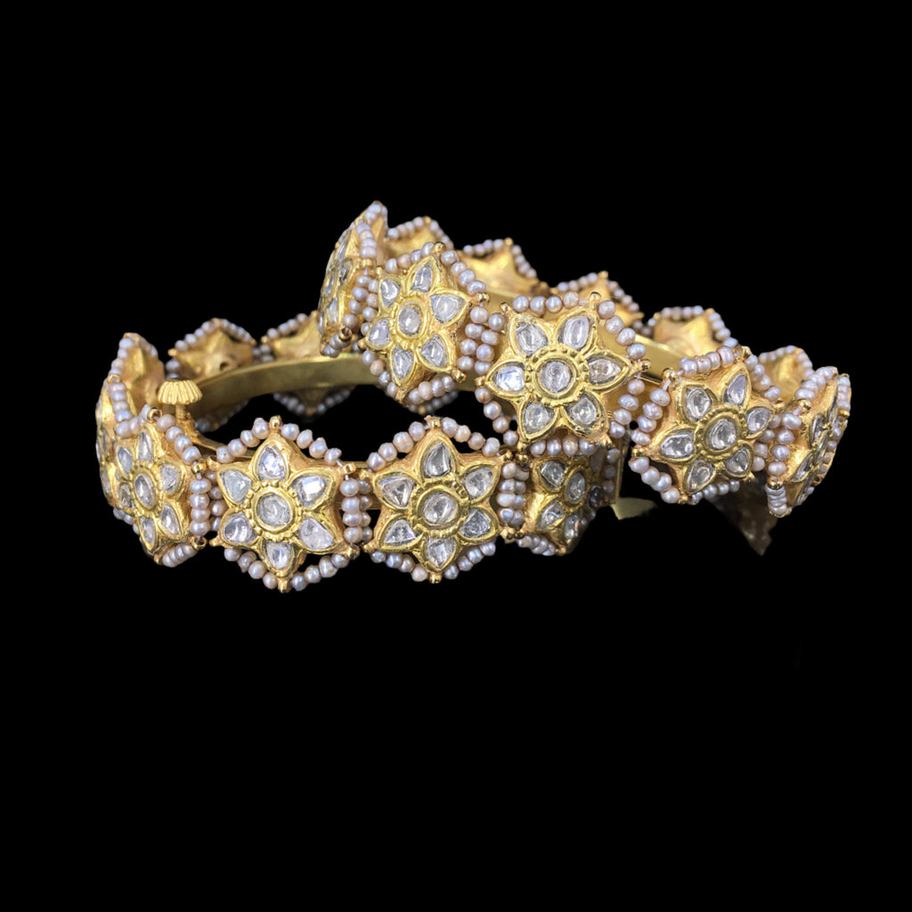23k Gold and Diamond Polki Bangle Pair (Pacheli) with Antiqued Freshwater Pearls