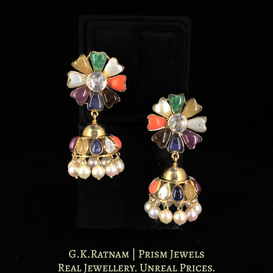 18k Gold and Diamond Polki Navratna Jhumki Earrings - G. K. Ratnam