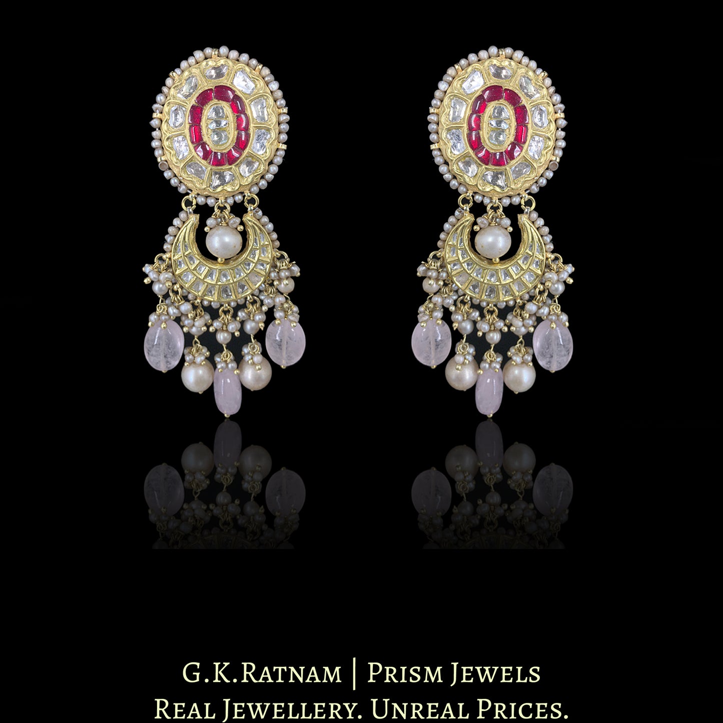 23k Gold and Diamond Polki Necklace Set with Antique Freshwater Pearls and Morganites