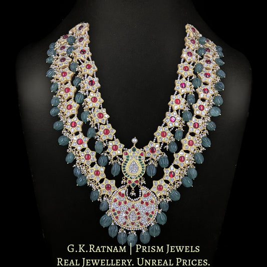 23k Gold And Diamond Polki south-style Long Necklace Set with star-motifs enhanced with hand-carved Melons