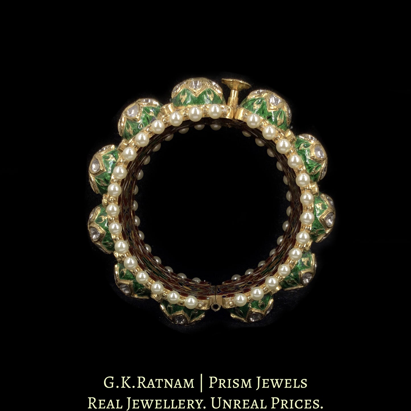18k Gold and Diamond Polki Gajra / Pacheli Bangle with dual-tone enamelling