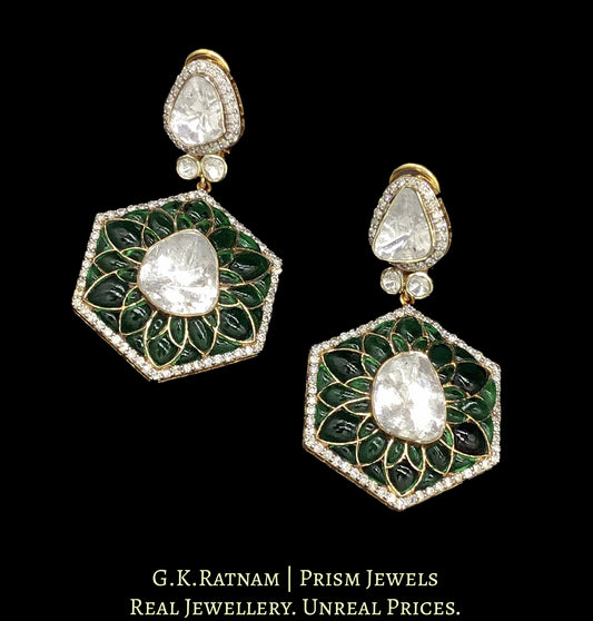 14k Gold and Diamond Polki Open Setting Long Earring Pair with emerald-grade green motifs