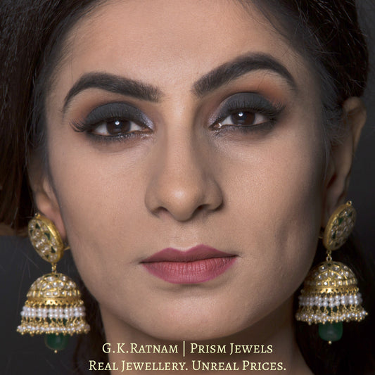 23k Gold and Diamond Polki green Jhumki Earring Pair with natural freshwater pearls