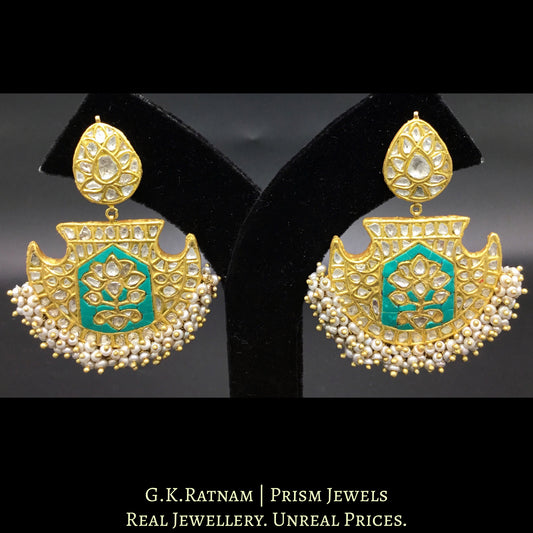 23k Gold and Diamond Polki Long Earring Pair with Turquoise stones and antiqued hyderabadi pearls - G. K. Ratnam