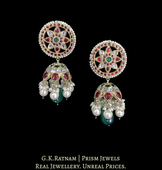 18k Gold and Diamond Polki Karanphool Jhumki Earring Pair with Rubies, Emeralds and Lustrous Pearls