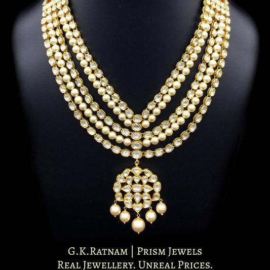 Traditional Gold and DIamond Polki Necklace Set with two lines of pearls interspersed in three lines of uncut diamonds - G. K. Ratnam