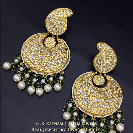 23k Gold and Diamond Polki Chand Bali Earring Pair with pearl chandeliers - G. K. Ratnam