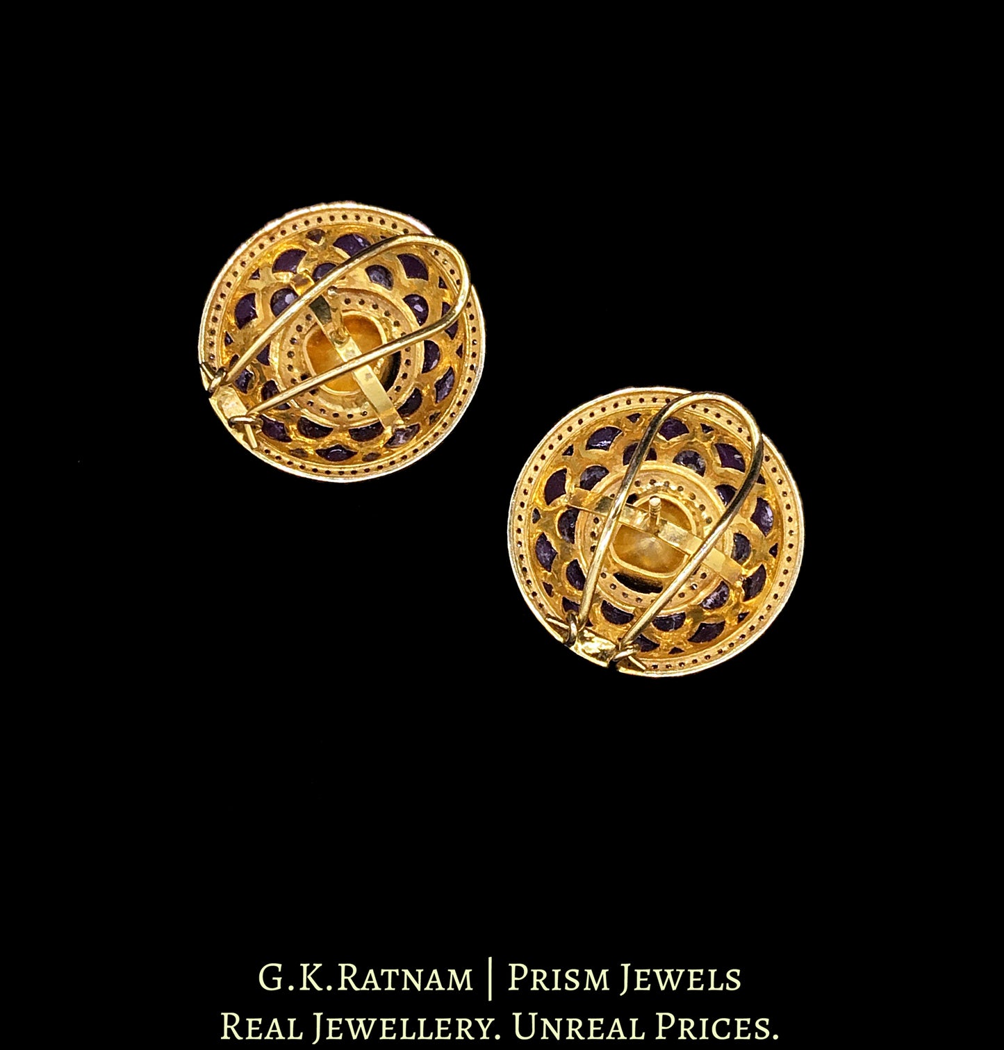 14k Gold and Diamond Polki Open Setting Tops / Studs Earring Pair with Pink Rubies